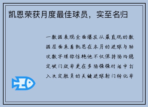 凯恩荣获月度最佳球员，实至名归